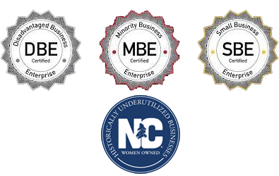 DBE Certified, MBE Certified, SBE Certified, NIC Women Owned certifications